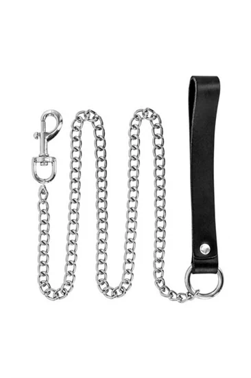 FETISH PREMIUM רצועת מתכת עם ידית בגימור עור